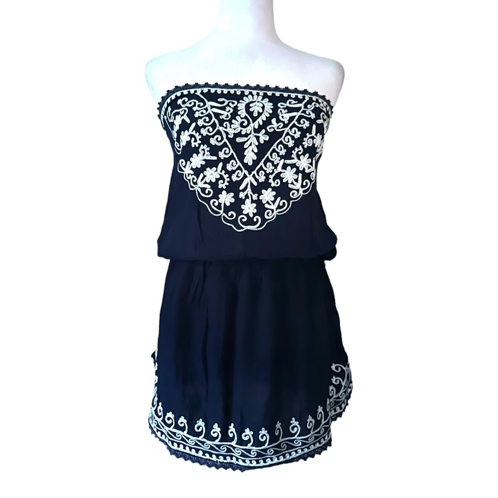 Raviya Womens Size Medium Navy White Boho Strapless Ruched Dress Coverup